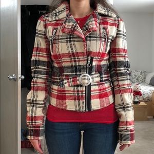 Plaid Moto Jacket with Belt from Express - Size XS